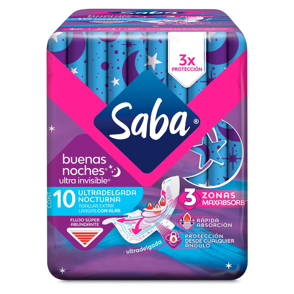 TOALLAS FEMENINAS SABA ULTRADELGADA NOCTURNA CON ALAS