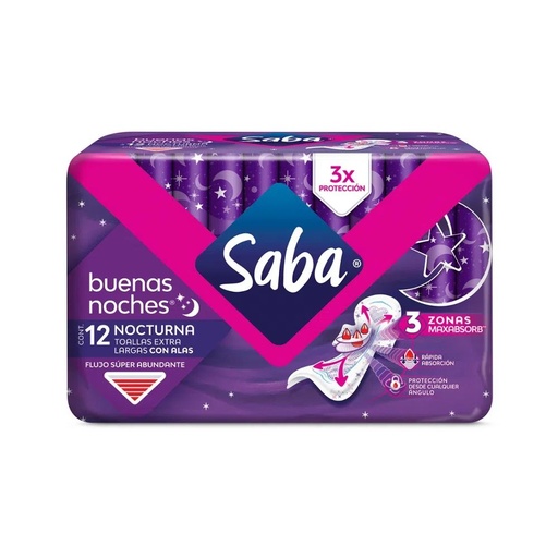 SABA  NOCTURNAS  C/ALAS X 12 TOALLAS FEMENINAS 